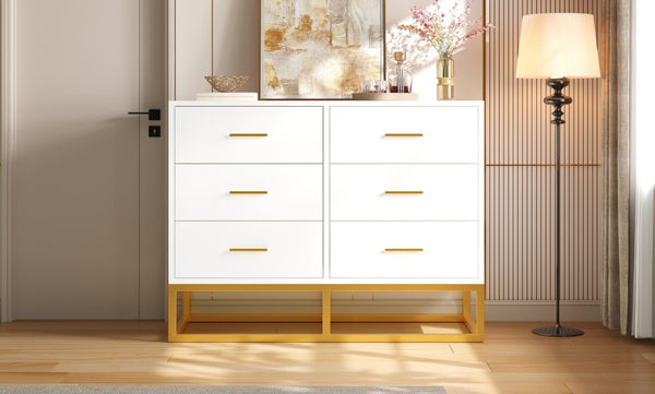 English Elm Modern Six Drawer Dresser with Carved Geometric Fronts for Bedroom or Entryway Gold+White N735P493009K