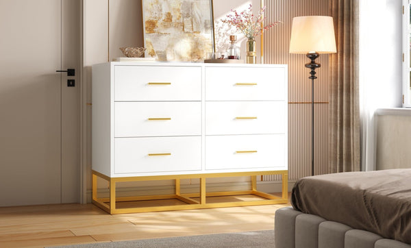 English Elm Modern Six Drawer Dresser with Carved Geometric Fronts for Bedroom or Entryway Gold+White N735P493009K