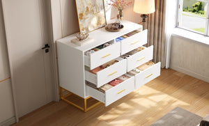 English Elm Modern Six Drawer Dresser with Carved Geometric Fronts for Bedroom or Entryway Gold+White N735P493009K