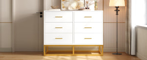English Elm Modern Six Drawer Dresser with Carved Geometric Fronts for Bedroom or Entryway Gold+White N735P493009K
