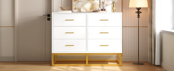 English Elm Modern Six Drawer Dresser with Carved Geometric Fronts for Bedroom or Entryway Gold+White N735P493009K