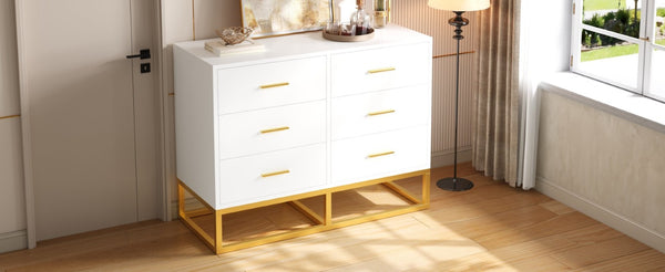 English Elm Modern Six Drawer Dresser with Carved Geometric Fronts for Bedroom or Entryway Gold+White N735P493009K