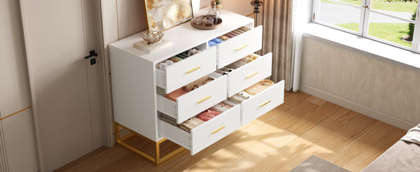 English Elm Modern Six Drawer Dresser with Carved Geometric Fronts for Bedroom or Entryway Gold+White N735P493009K