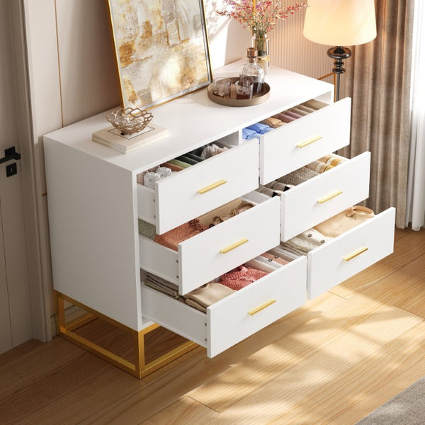 English Elm Modern Six Drawer Dresser with Carved Geometric Fronts for Bedroom or Entryway Gold+White N735P493009K