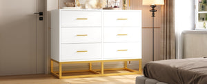 English Elm Modern Six Drawer Dresser with Carved Geometric Fronts for Bedroom or Entryway Gold+White N735P493009K