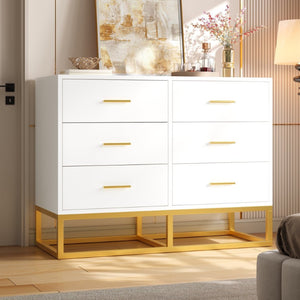 English Elm Modern Six Drawer Dresser with Carved Geometric Fronts for Bedroom or Entryway Gold+White N735P493009K