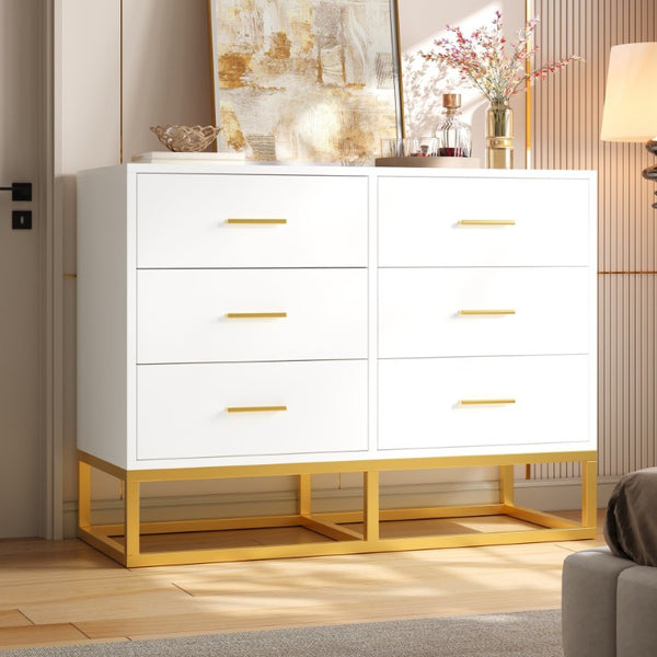 English Elm Modern Six Drawer Dresser with Carved Geometric Fronts for Bedroom or Entryway Gold+White N735P493009K