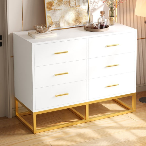 English Elm Modern Six Drawer Dresser with Carved Geometric Fronts for Bedroom or Entryway Gold+White N735P493009K