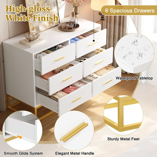 English Elm Modern Six Drawer Dresser with Carved Geometric Fronts for Bedroom or Entryway Gold+White N735P493009K
