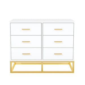 English Elm Modern Six Drawer Dresser with Carved Geometric Fronts for Bedroom or Entryway Gold+White N735P493009K