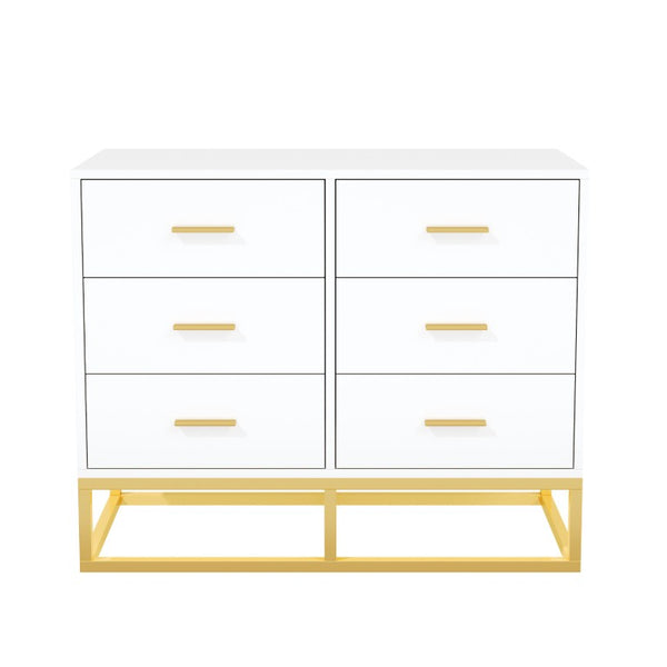 English Elm Modern Six Drawer Dresser with Carved Geometric Fronts for Bedroom or Entryway Gold+White N735P493009K