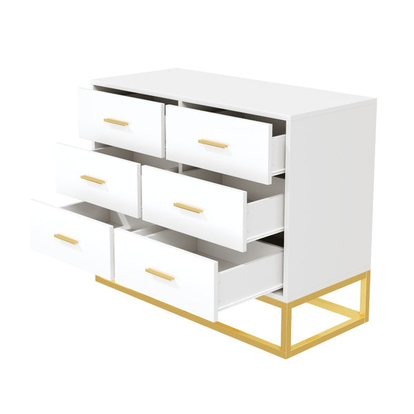 English Elm Modern Six Drawer Dresser with Carved Geometric Fronts for Bedroom or Entryway Gold+White N735P493009K