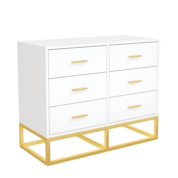 English Elm Modern Six Drawer Dresser with Carved Geometric Fronts for Bedroom or Entryway Gold+White N735P493009K