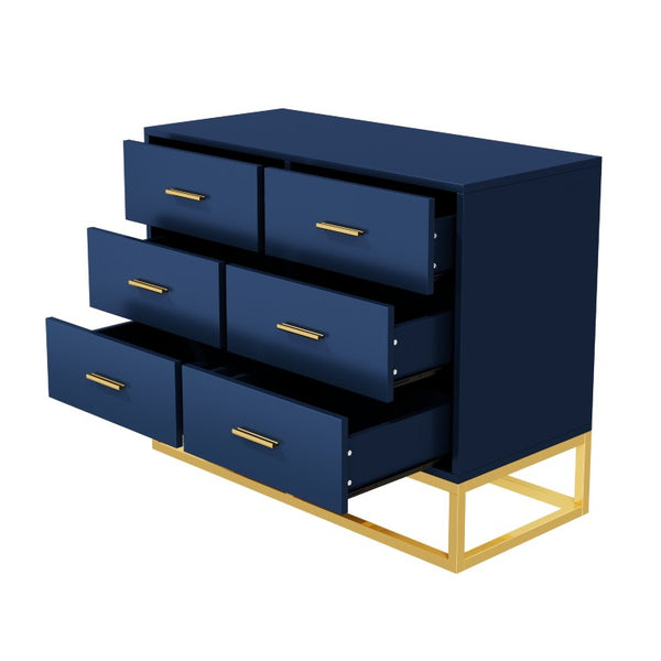 English Elm Modern Six Drawer Chest with Gold Legs and Handles Glam Bedroom Storage Cabinet N735P493009L