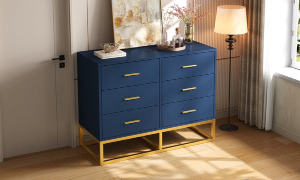 English Elm Modern Six Drawer Chest with Gold Legs and Handles Glam Bedroom Storage Cabinet N735P493009L