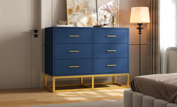 English Elm Modern Six Drawer Chest with Gold Legs and Handles Glam Bedroom Storage Cabinet N735P493009L