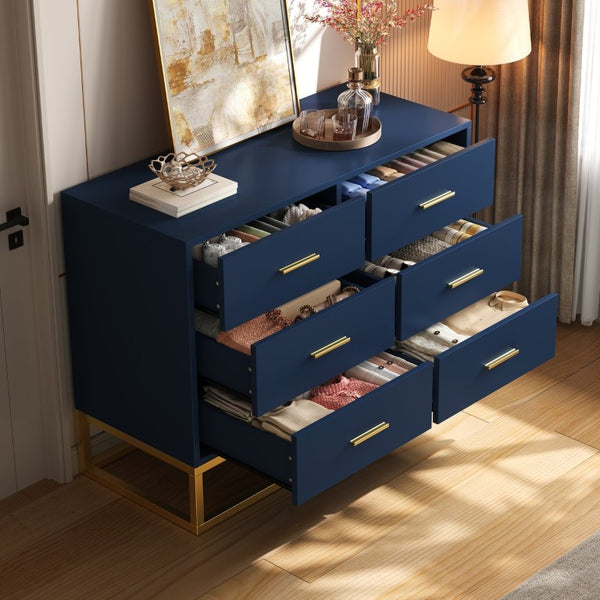 English Elm Modern Six Drawer Chest with Gold Legs and Handles Glam Bedroom Storage Cabinet N735P493009L