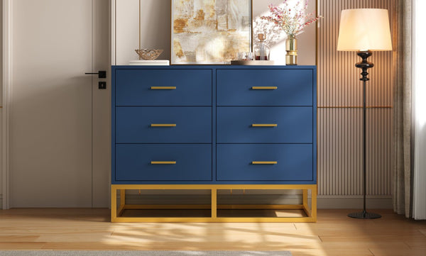 English Elm Modern Six Drawer Chest with Gold Legs and Handles Glam Bedroom Storage Cabinet N735P493009L
