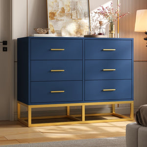 English Elm Modern Six Drawer Chest with Gold Legs and Handles Glam Bedroom Storage Cabinet N735P493009L