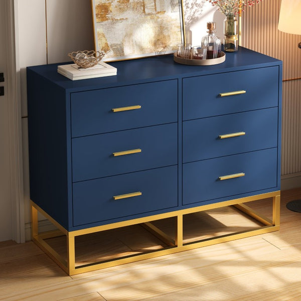English Elm Modern Six Drawer Chest with Gold Legs and Handles Glam Bedroom Storage Cabinet N735P493009L
