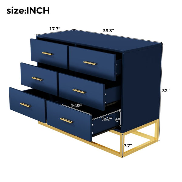 English Elm Modern Six Drawer Chest with Gold Legs and Handles Glam Bedroom Storage Cabinet N735P493009L