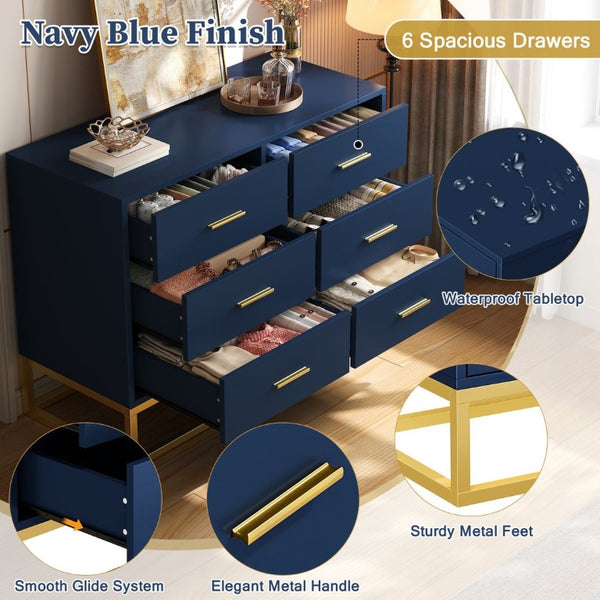 English Elm Modern Six Drawer Chest with Gold Legs and Handles Glam Bedroom Storage Cabinet N735P493009L