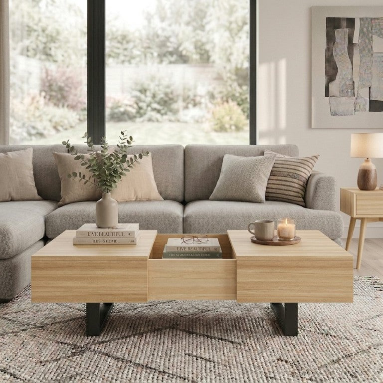 English Elm Sliding Top Coffee Table with Hidden Compartment Tapered Metal Legs Mid-Century Wood N735P493617N