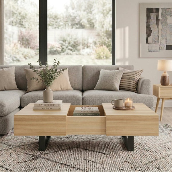 English Elm Sliding Top Coffee Table with Hidden Compartment Tapered Metal Legs Mid-Century Wood N735P493617N
