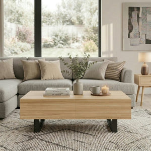 English Elm Sliding Top Coffee Table with Hidden Compartment Tapered Metal Legs Mid-Century Wood N735P493617N
