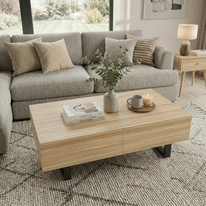 English Elm Sliding Top Coffee Table with Hidden Compartment Tapered Metal Legs Mid-Century Wood N735P493617N