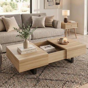 English Elm Sliding Top Coffee Table with Hidden Compartment Tapered Metal Legs Mid-Century Wood N735P493617N