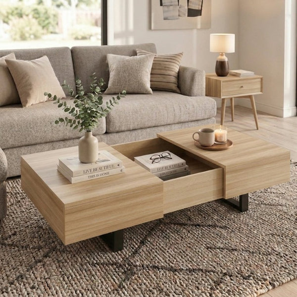 English Elm Sliding Top Coffee Table with Hidden Compartment Tapered Metal Legs Mid-Century Wood N735P493617N