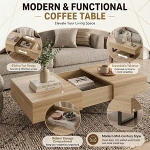English Elm Sliding Top Coffee Table with Hidden Compartment Tapered Metal Legs Mid-Century Wood N735P493617N