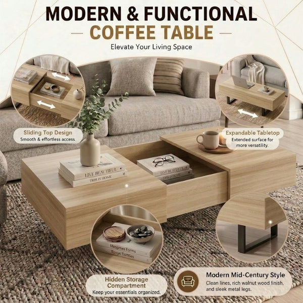 English Elm Sliding Top Coffee Table with Hidden Compartment Tapered Metal Legs Mid-Century Wood N735P493617N