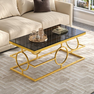 English Elm Modern Gold Metal Coffee Table Tempered Glass Top Art Deco Ring Base Living Room Black N735P502384B