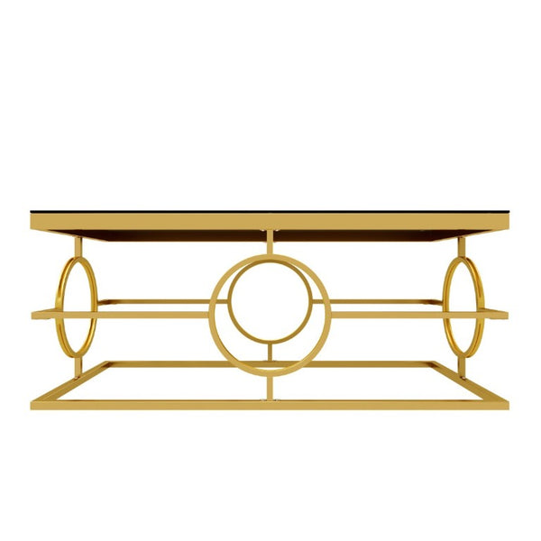 English Elm Modern Gold Metal Coffee Table Tempered Glass Top Art Deco Ring Base Living Room Black N735P502384B