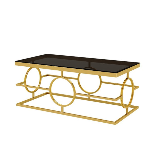 English Elm Modern Gold Metal Coffee Table Tempered Glass Top Art Deco Ring Base Living Room Black N735P502384B