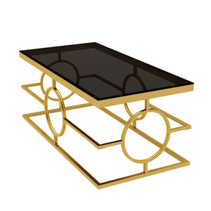 English Elm Modern Gold Metal Coffee Table Tempered Glass Top Art Deco Ring Base Living Room Black N735P502384B