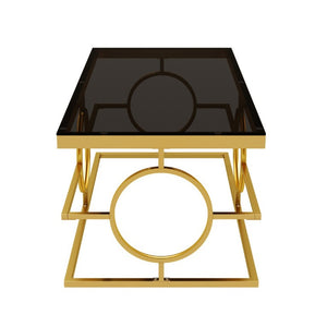 English Elm Modern Gold Metal Coffee Table Tempered Glass Top Art Deco Ring Base Living Room Black N735P502384B