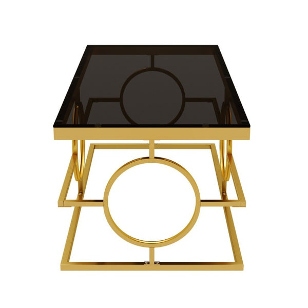 English Elm Modern Gold Metal Coffee Table Tempered Glass Top Art Deco Ring Base Living Room Black N735P502384B