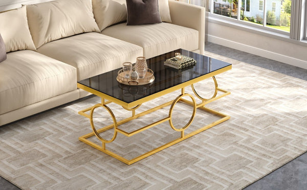 English Elm Modern Gold Metal Coffee Table Tempered Glass Top Art Deco Ring Base Living Room Black N735P502384B
