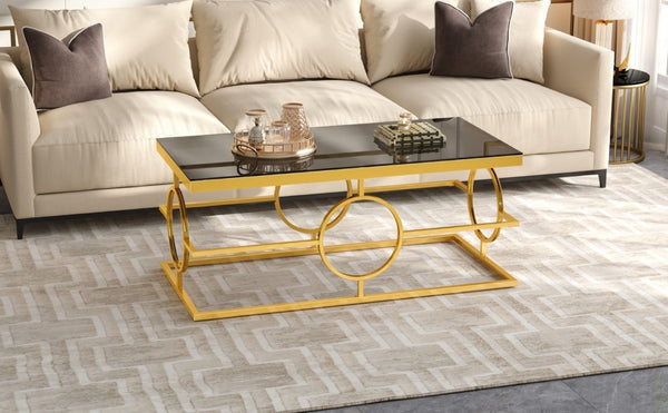English Elm Modern Gold Metal Coffee Table Tempered Glass Top Art Deco Ring Base Living Room Black N735P502384B