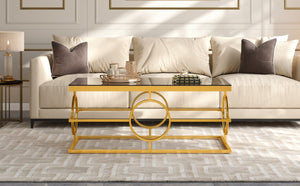 English Elm Modern Gold Metal Coffee Table Tempered Glass Top Art Deco Ring Base Living Room Black N735P502384B