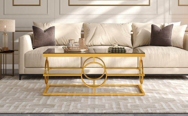 English Elm Modern Gold Metal Coffee Table Tempered Glass Top Art Deco Ring Base Living Room Black N735P502384B