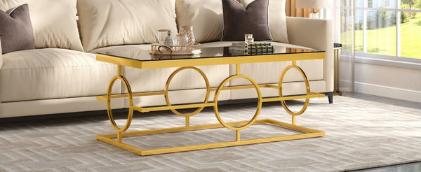 English Elm Modern Gold Metal Coffee Table Tempered Glass Top Art Deco Ring Base Living Room Black N735P502384B