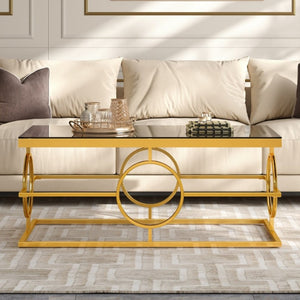 English Elm Modern Gold Metal Coffee Table Tempered Glass Top Art Deco Ring Base Living Room Black N735P502384B