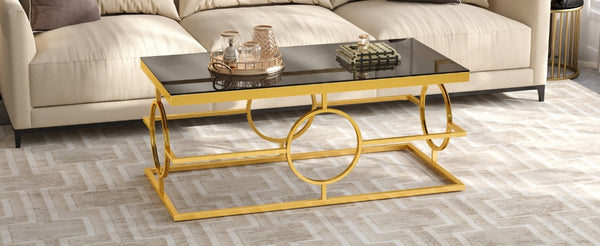 English Elm Modern Gold Metal Coffee Table Tempered Glass Top Art Deco Ring Base Living Room Black N735P502384B