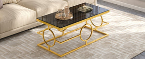 English Elm Modern Gold Metal Coffee Table Tempered Glass Top Art Deco Ring Base Living Room Black N735P502384B