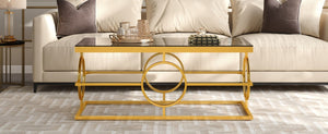 English Elm Modern Gold Metal Coffee Table Tempered Glass Top Art Deco Ring Base Living Room Black N735P502384B