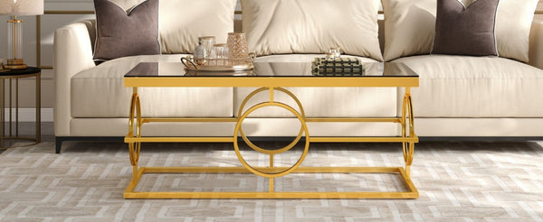 English Elm Modern Gold Metal Coffee Table Tempered Glass Top Art Deco Ring Base Living Room Black N735P502384B